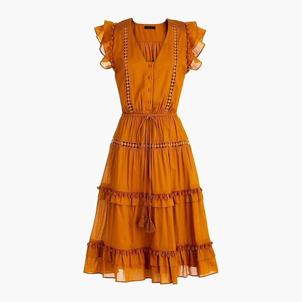 Flutter-sleeve Pom-pom midi dress in cotton voile